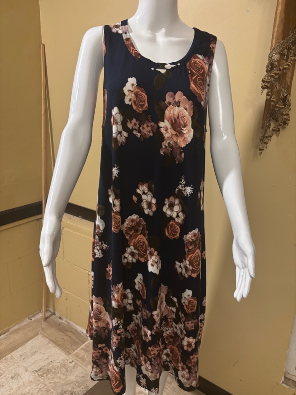 J for Justify Navy Midi Dress with Pink & Brown Rose Print